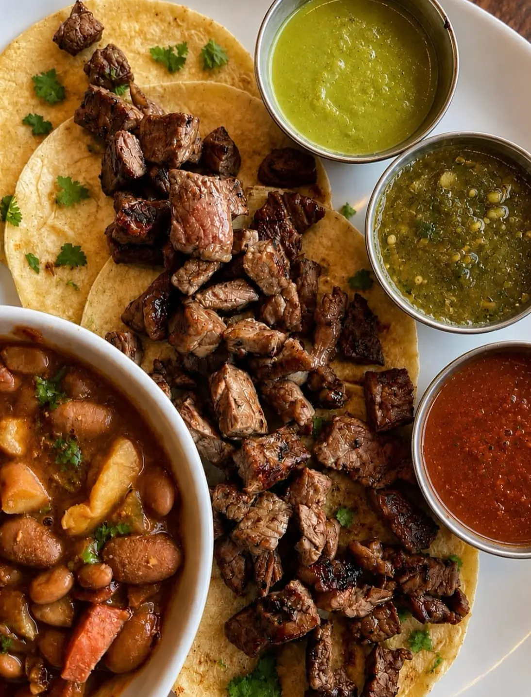 Platter of carne asada tacos with three Salsas Guti salsas and charro beans