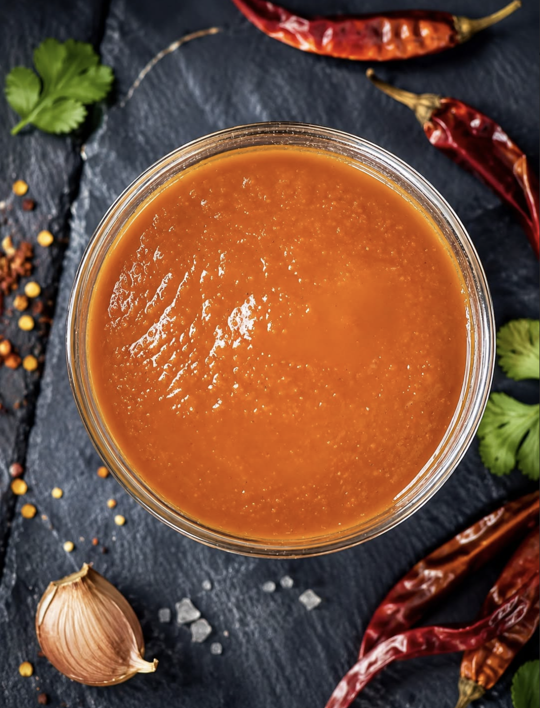 Bowl of vibrant red Salsas Guti chile de arbol surrounded by dried chiles and garlic
